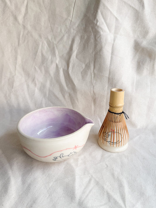 Bow Kitty Pink Matcha Bowl + Whisk Holder Set