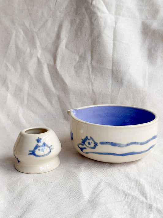 Long Star Kitty Purple Matcha Bowl + Whisk Holder Set